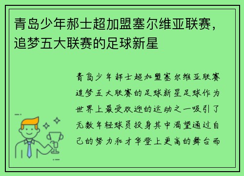 青岛少年郝士超加盟塞尔维亚联赛，追梦五大联赛的足球新星