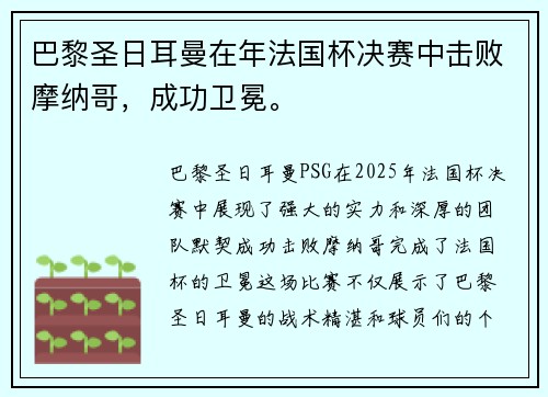 巴黎圣日耳曼在年法国杯决赛中击败摩纳哥，成功卫冕。