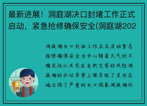最新进展！洞庭湖决口封堵工作正式启动，紧急抢修确保安全(洞庭湖2021年治理最新消息)