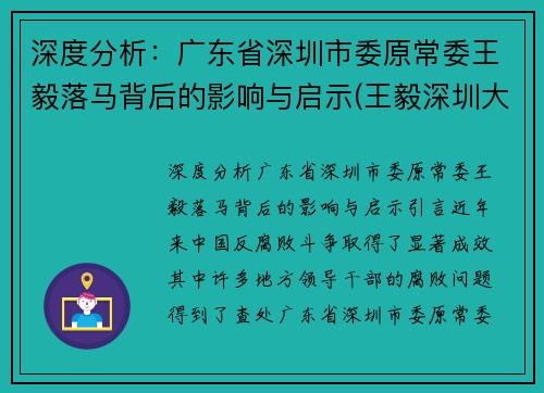 深度分析：广东省深圳市委原常委王毅落马背后的影响与启示(王毅深圳大学)